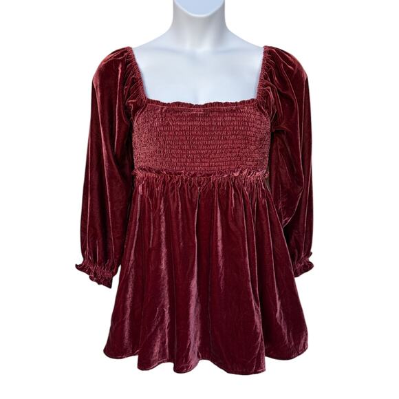 Free People Dresses & Skirts - Free People Burgundy Velvet Babydoll Mini Dress w Smocked Bodice Lace Tie Back M